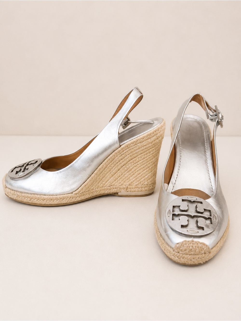 Tory Burch Silver Leather Slingback Espadrille Wedges with Logo - Picture 2 of 3